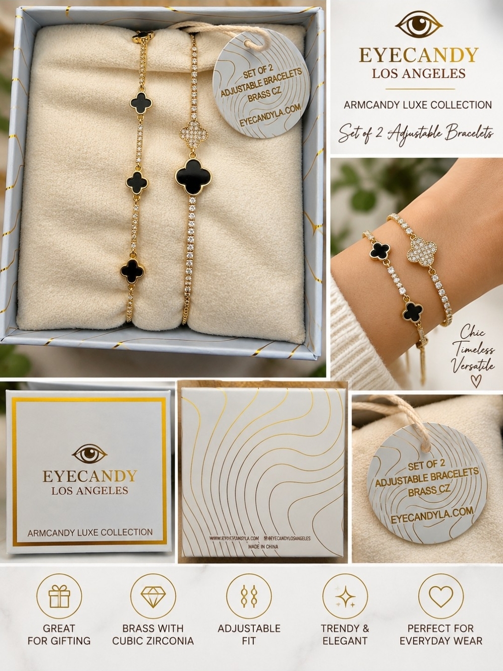 eye candy Gold and Black Clover Adjustable Bracelet Set